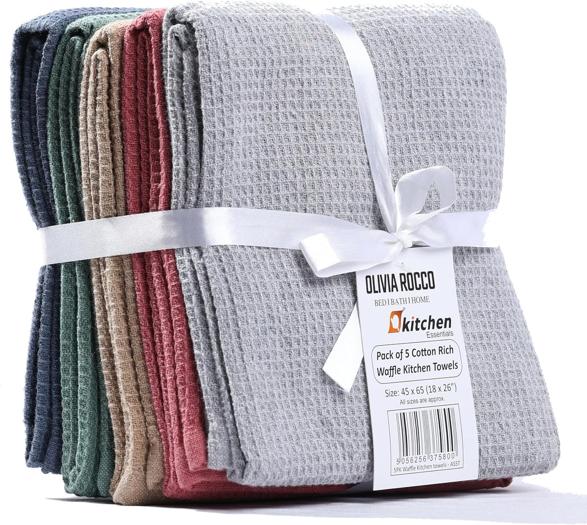 Pack of 5 Ultra Absorbent Waffle Kitchen Tea Towels High-Quality Soft Cotton Assorted Colours Durable for Home and Catering Use by OLIVIA ROCCO ASSORTED Tea Towel