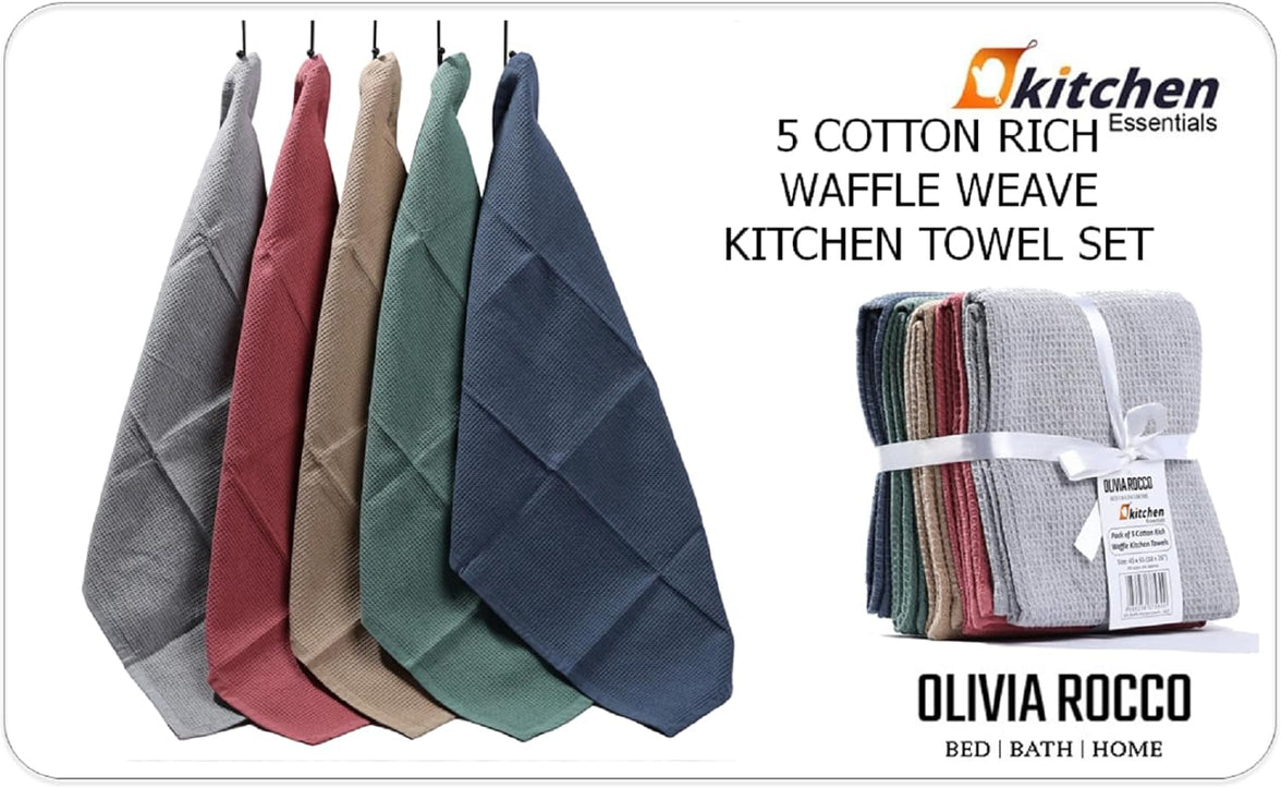Pack of 5 Ultra Absorbent Waffle Kitchen Tea Towels High-Quality Soft Cotton Assorted Colours Durable for Home and Catering Use by OLIVIA ROCCO ASSORTED Tea Towel