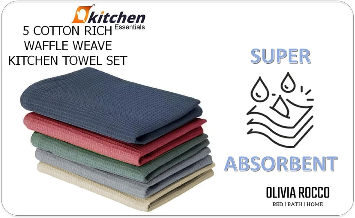Pack of 5 Ultra Absorbent Waffle Kitchen Tea Towels High-Quality Soft Cotton Assorted Colours Durable for Home and Catering Use by OLIVIA ROCCO ASSORTED Tea Towel