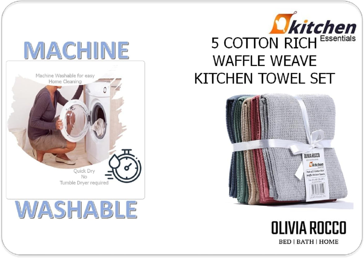 Pack of 5 Ultra Absorbent Waffle Kitchen Tea Towels High-Quality Soft Cotton Assorted Colours Durable for Home and Catering Use by OLIVIA ROCCO ASSORTED Tea Towel