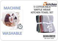 Pack of 5 Ultra Absorbent Waffle Kitchen Tea Towels High-Quality Soft Cotton Assorted Colours Durable for Home and Catering Use by OLIVIA ROCCO ASSORTED Tea Towel