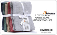 Pack of 5 Ultra Absorbent Waffle Kitchen Tea Towels High-Quality Soft Cotton Assorted Colours Durable for Home and Catering Use by OLIVIA ROCCO ASSORTED Tea Towel