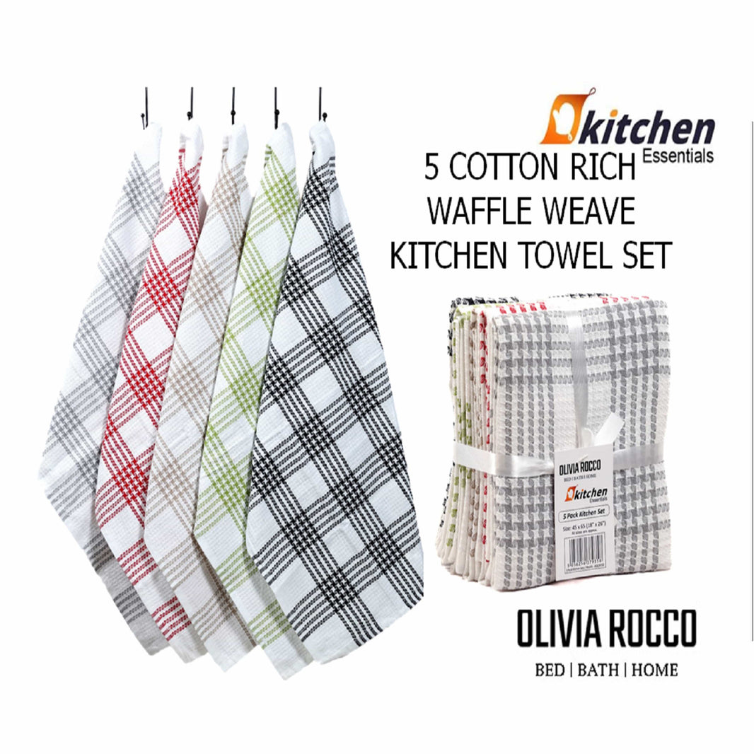 Pack of 5 Super Absorbent Quick Drying Houndstooth Cotton Tea Towels for Kitchen Durable Decorative Dish Towels 45cm x 65cm by OLIVIA ROCCO ASSORTED Tea Towel