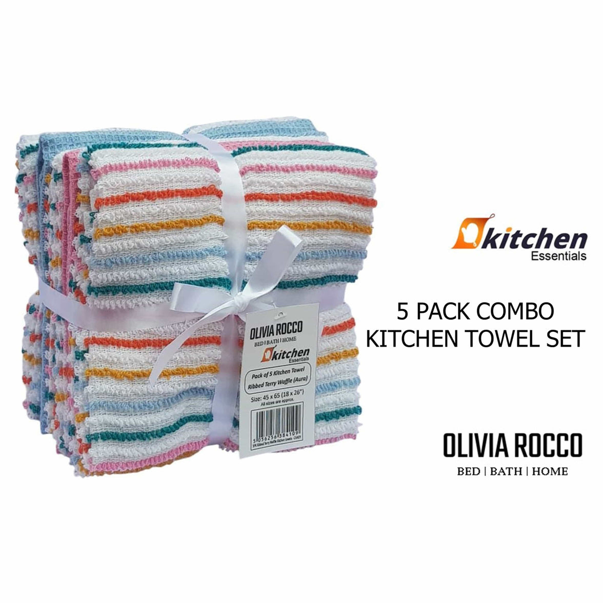 5 Pack Super Absorbent Cotton Kitchen Tea Towels Striped Quick Drying Reusable Ribbed Waffle 45cm x 65cm by OLIVIA ROCCO Tea Towel