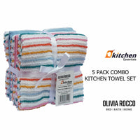 5 Pack Super Absorbent Cotton Kitchen Tea Towels Striped Quick Drying Reusable Ribbed Waffle 45cm x 65cm by OLIVIA ROCCO Tea Towel