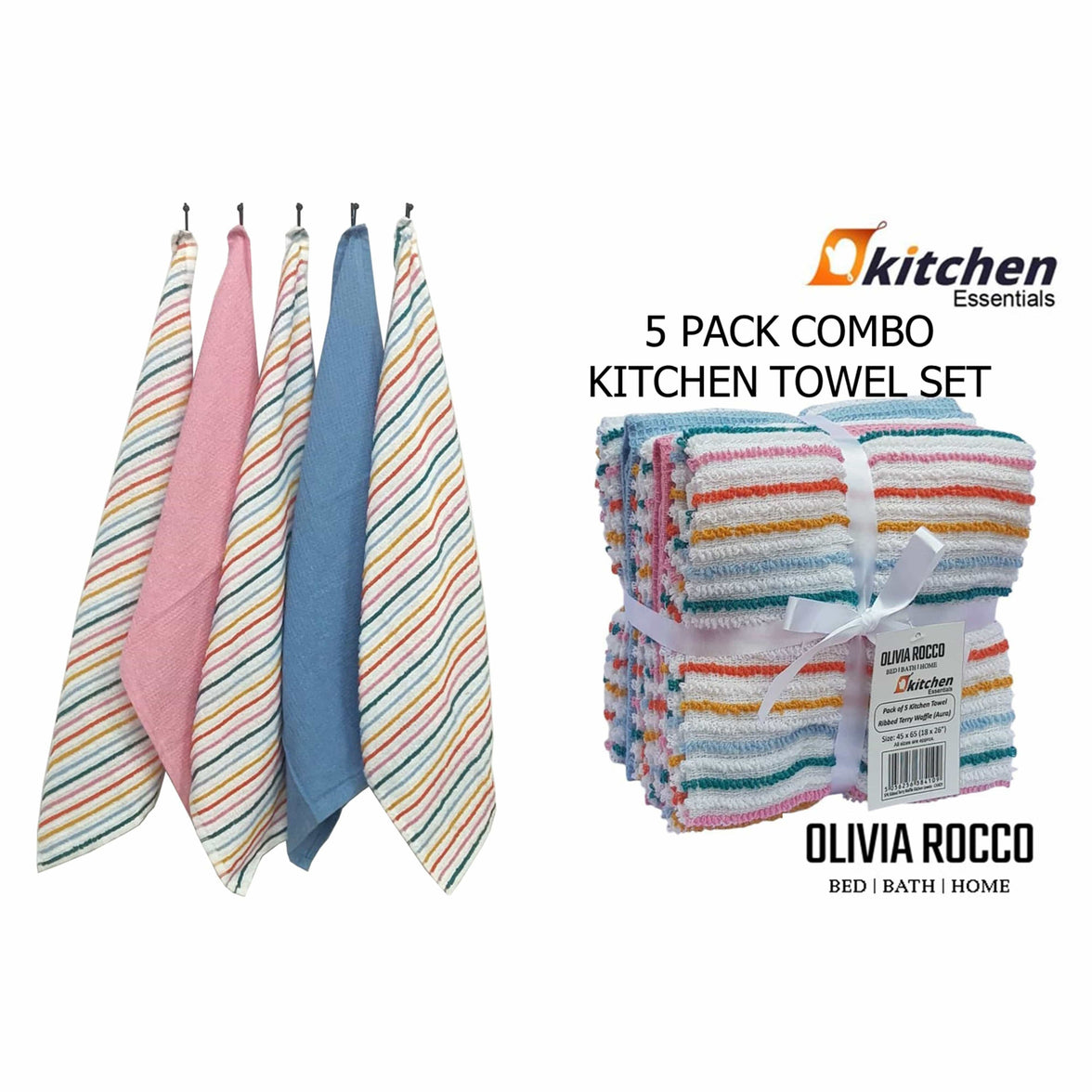 5 Pack Super Absorbent Cotton Kitchen Tea Towels Striped Quick Drying Reusable Ribbed Waffle 45cm x 65cm by OLIVIA ROCCO Tea Towel