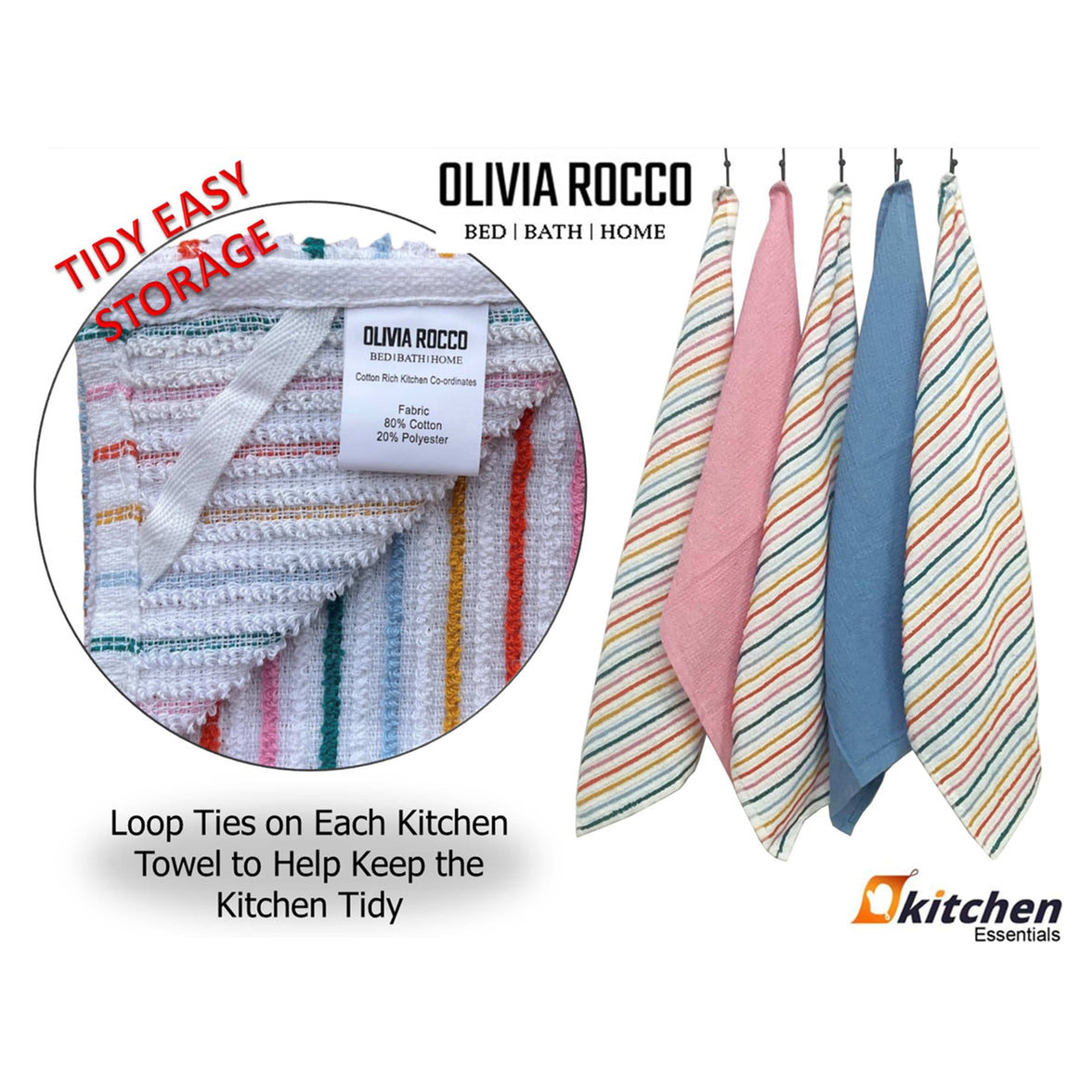 5 Pack Super Absorbent Cotton Kitchen Tea Towels Striped Quick Drying Reusable Ribbed Waffle 45cm x 65cm by OLIVIA ROCCO Tea Towel