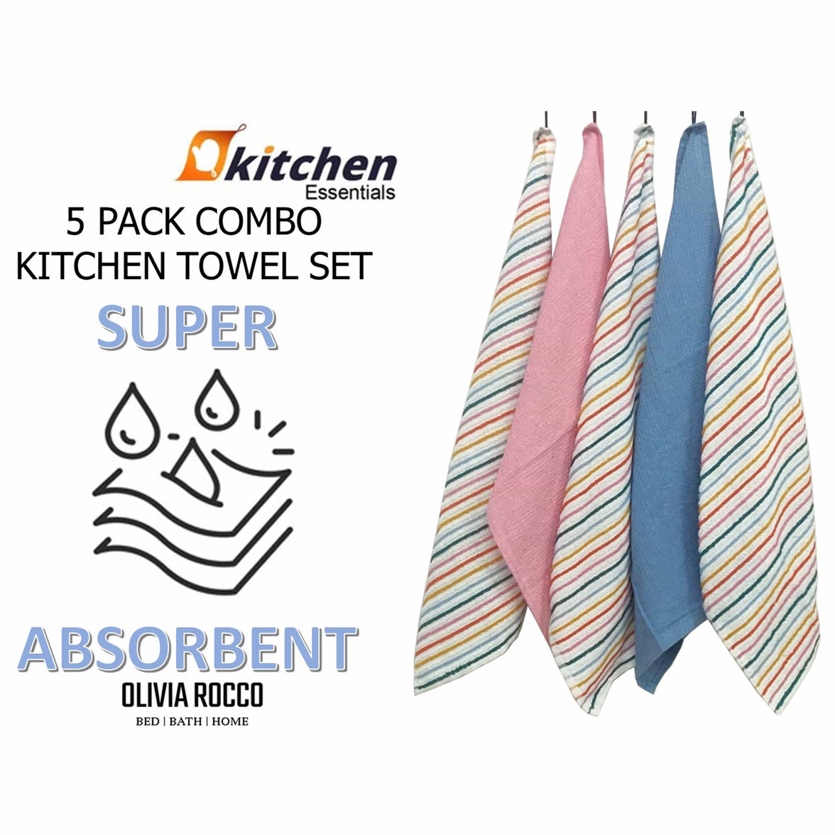 5 Pack Super Absorbent Cotton Kitchen Tea Towels Striped Quick Drying Reusable Ribbed Waffle 45cm x 65cm by OLIVIA ROCCO Tea Towel