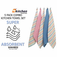 5 Pack Super Absorbent Cotton Kitchen Tea Towels Striped Quick Drying Reusable Ribbed Waffle 45cm x 65cm by OLIVIA ROCCO Tea Towel