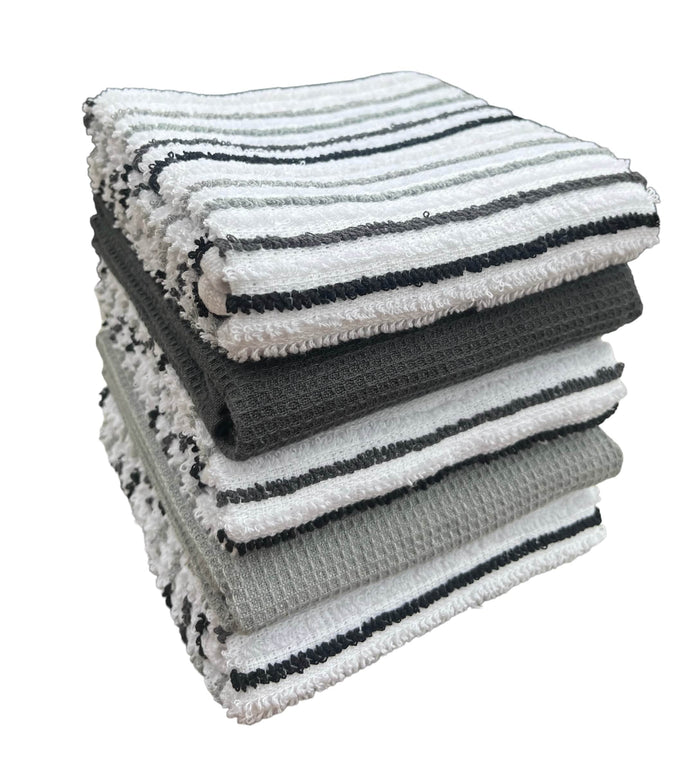 5 Pack Super Absorbent Cotton Kitchen Tea Towels Striped Quick Drying Reusable Ribbed Waffle 45cm x 65cm by OLIVIA ROCCO SILVER Tea Towel