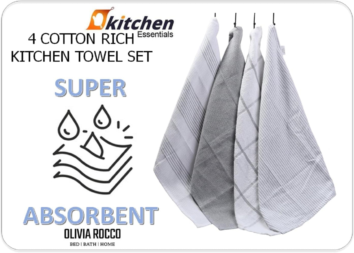 Pack of 4 Green Cotton Tea Towels for Drying Dishes and Cleaning Spills High Absorbency and Durability 65x45 cm by OLIVIA ROCCO Tea Towel