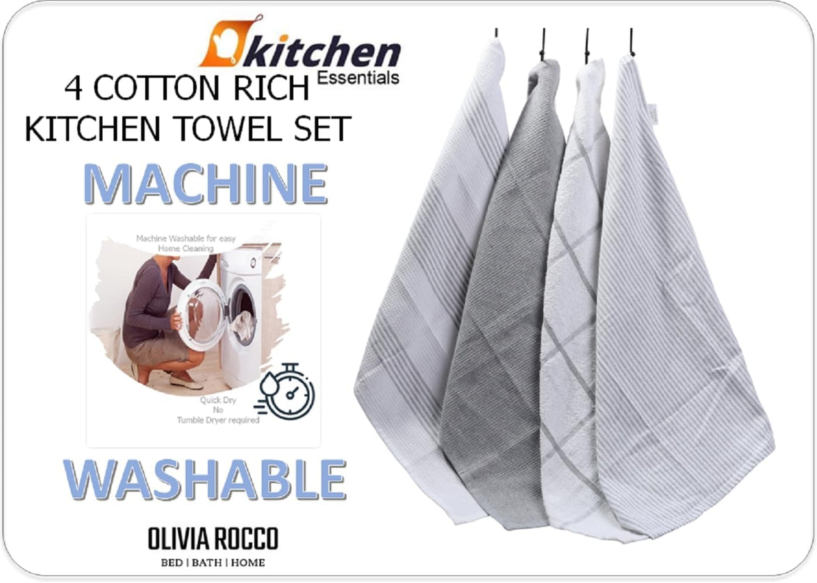 Pack of 4 Green Cotton Tea Towels for Drying Dishes and Cleaning Spills High Absorbency and Durability 65x45 cm by OLIVIA ROCCO Tea Towel