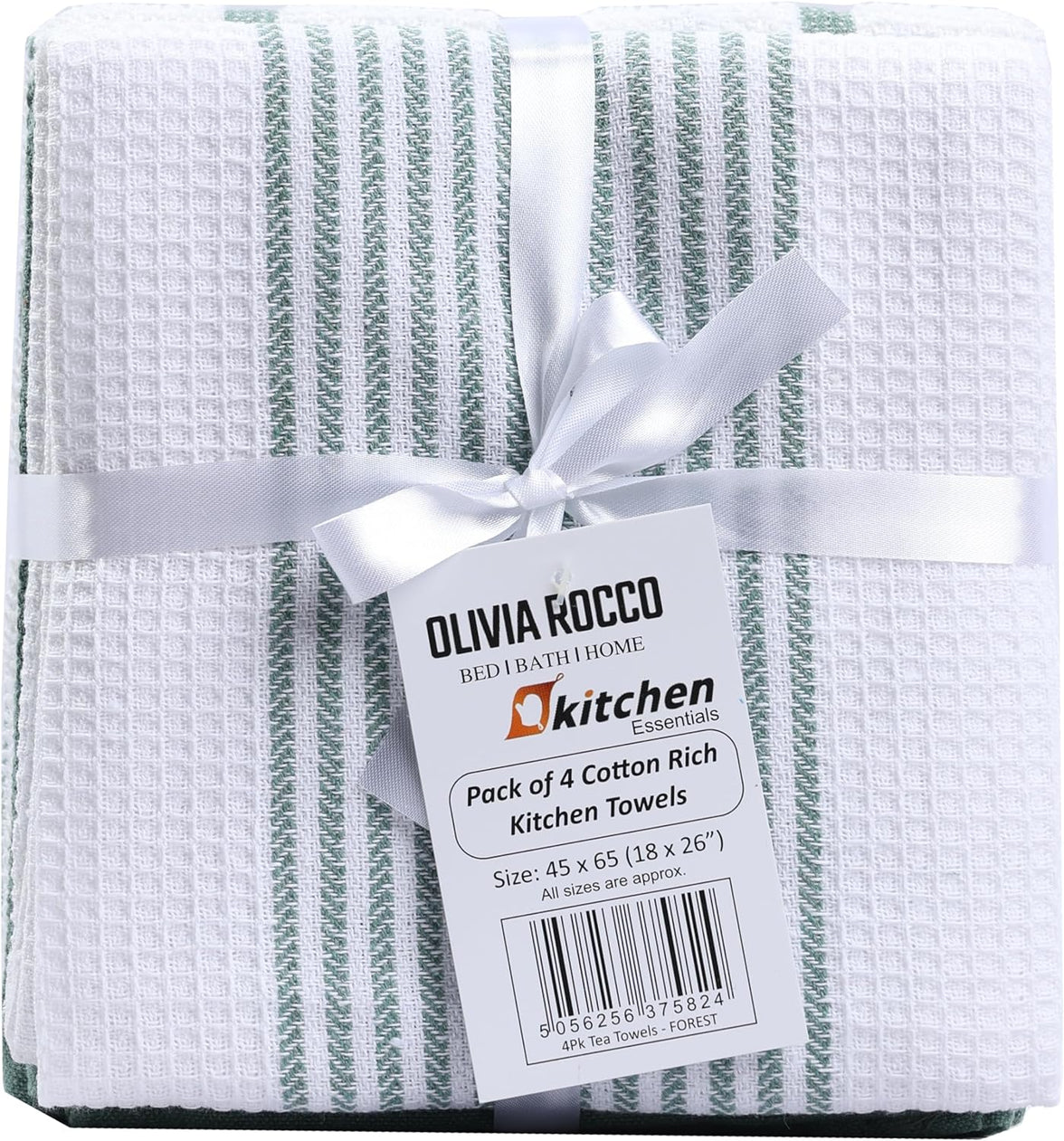 Pack of 4 Green Cotton Tea Towels for Drying Dishes and Cleaning Spills High Absorbency and Durability 65x45 cm by OLIVIA ROCCO Tea Towel