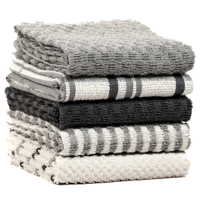 5 Pack Super Absorbent Check Quick Drying Cotton Terry Kitchen Tea Towels Durable Versatile Dish Towels for Home and Professional Use 45cm x 65cm by OLIVIA ROCCO GREY Tea Towel