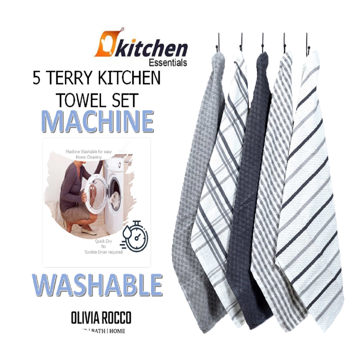 5 Pack Super Absorbent Check Quick Drying Cotton Terry Kitchen Tea Towels Durable Versatile Dish Towels for Home and Professional Use 45cm x 65cm by OLIVIA ROCCO Tea Towel