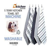 5 Pack Super Absorbent Check Quick Drying Cotton Terry Kitchen Tea Towels Durable Versatile Dish Towels for Home and Professional Use 45cm x 65cm by OLIVIA ROCCO Tea Towel