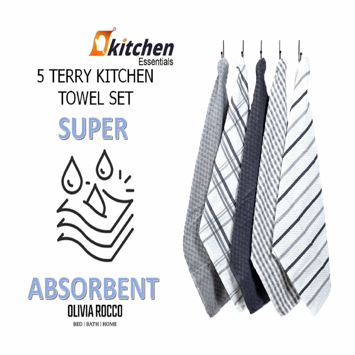 5 Pack Super Absorbent Check Quick Drying Cotton Terry Kitchen Tea Towels Durable Versatile Dish Towels for Home and Professional Use 45cm x 65cm by OLIVIA ROCCO Tea Towel