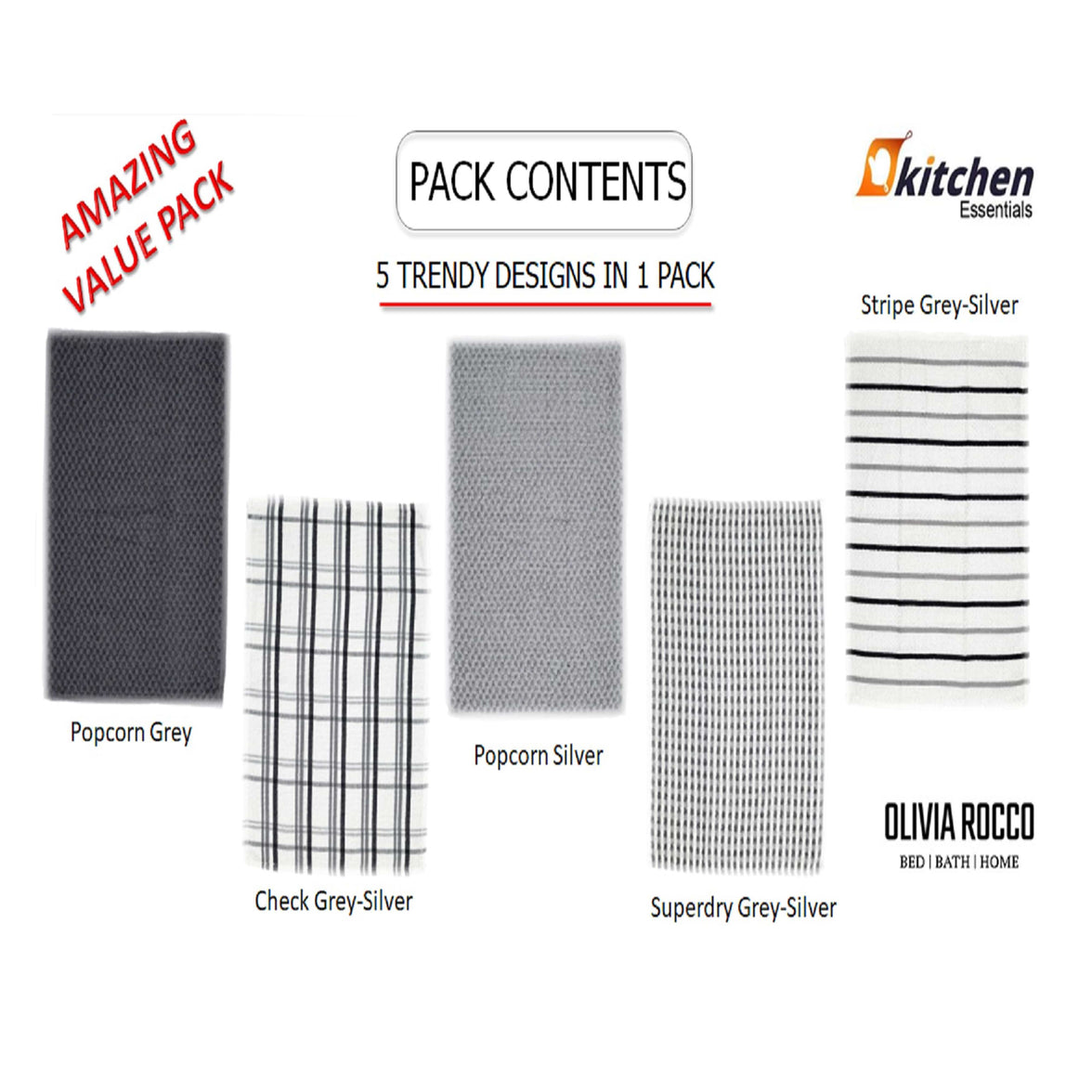 5 Pack Super Absorbent Check Quick Drying Cotton Terry Kitchen Tea Towels Durable Versatile Dish Towels for Home and Professional Use 45cm x 65cm by OLIVIA ROCCO Tea Towel