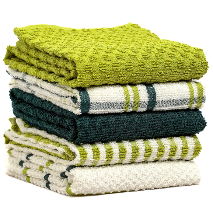 5 Pack Super Absorbent Check Quick Drying Cotton Terry Kitchen Tea Towels Durable Versatile Dish Towels for Home and Professional Use 45cm x 65cm by OLIVIA ROCCO SAGE GREEN Tea Towel