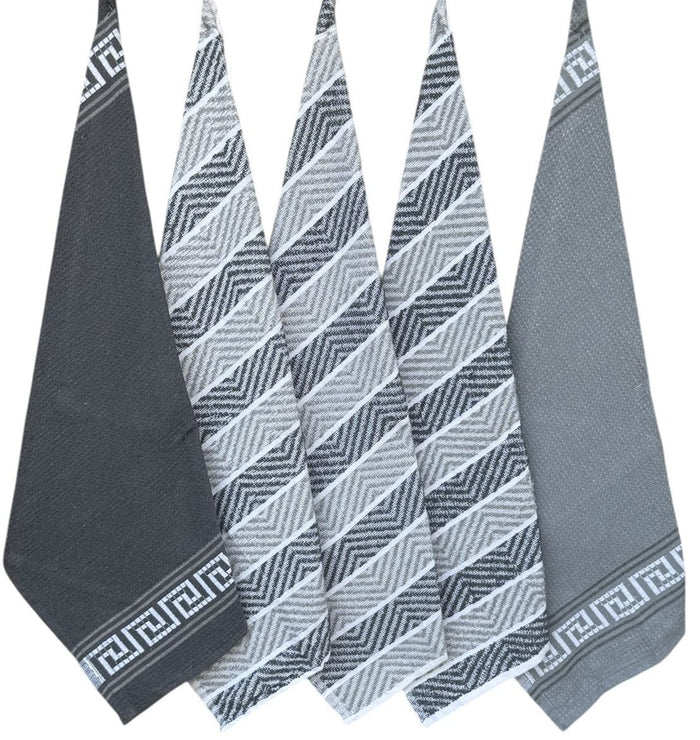 5 Pack Venice Tea Towels 100% Cotton Premium Super Absorbent Quick Drying Soft Kitchen Dish Cloth Set by Olivia Rocco Grey Tea Towel