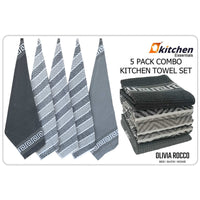 5 Pack Venice Tea Towels 100% Cotton Premium Super Absorbent Quick Drying Soft Kitchen Dish Cloth Set by Olivia Rocco Tea Towel