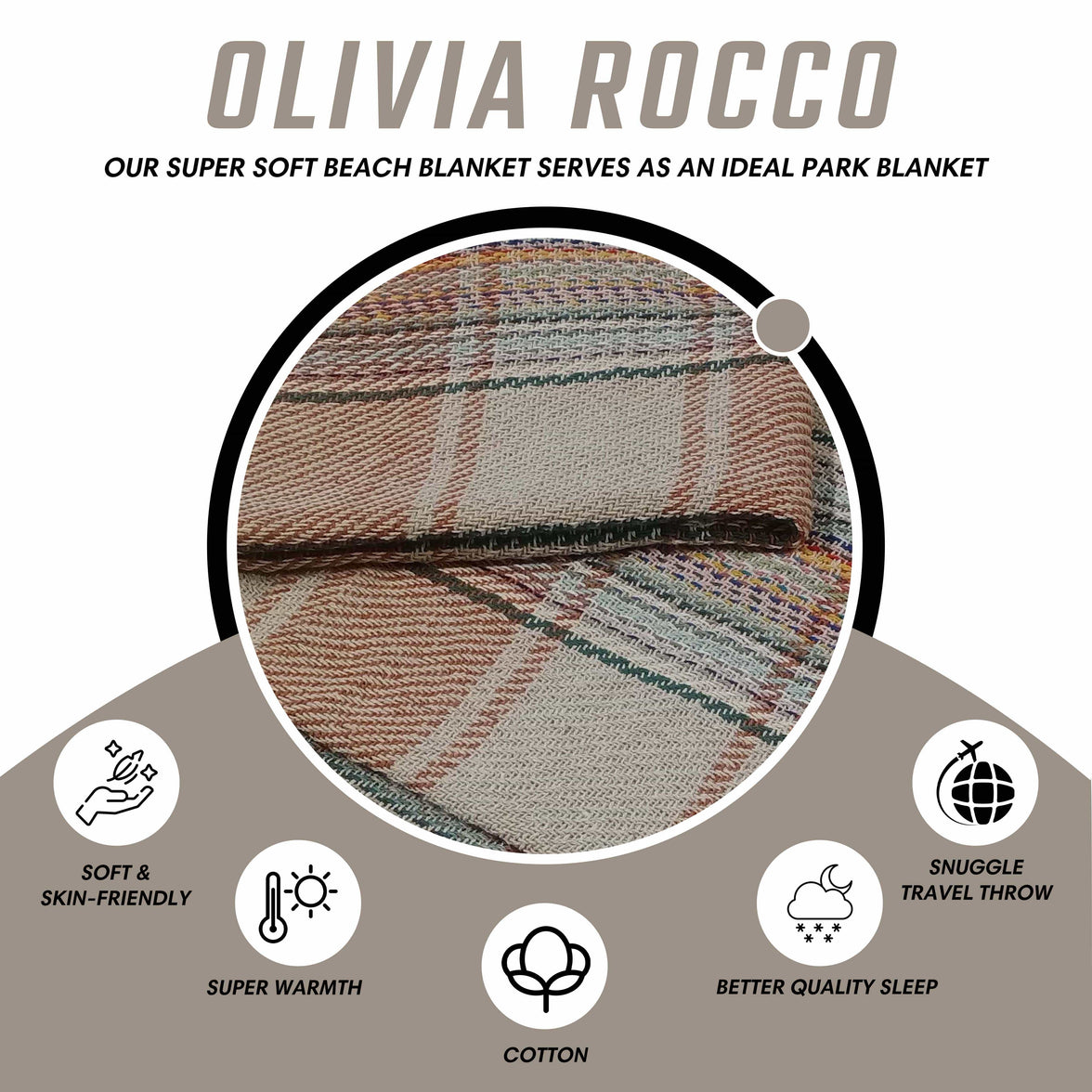 Eco-Friendly Recycled Cotton Picnic Blanket Check Stripe Design Super Soft Cozy Foldable and Packable for Beach Park Camping 130 x 150 cm by OLIVIA ROCCO 130 x 150 cm Throw