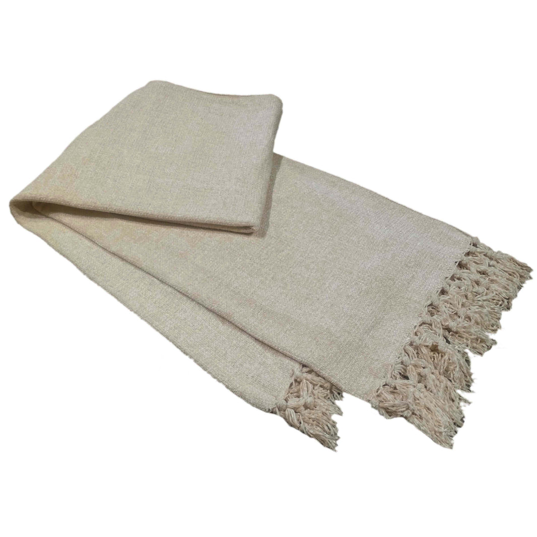 Chenille Tassel Elegant Throw Blanket for Couch Sofa Bed All-Season Soft Luxury by OLIVIA ROCCO NATURAL / 130 x 170 cm Throw