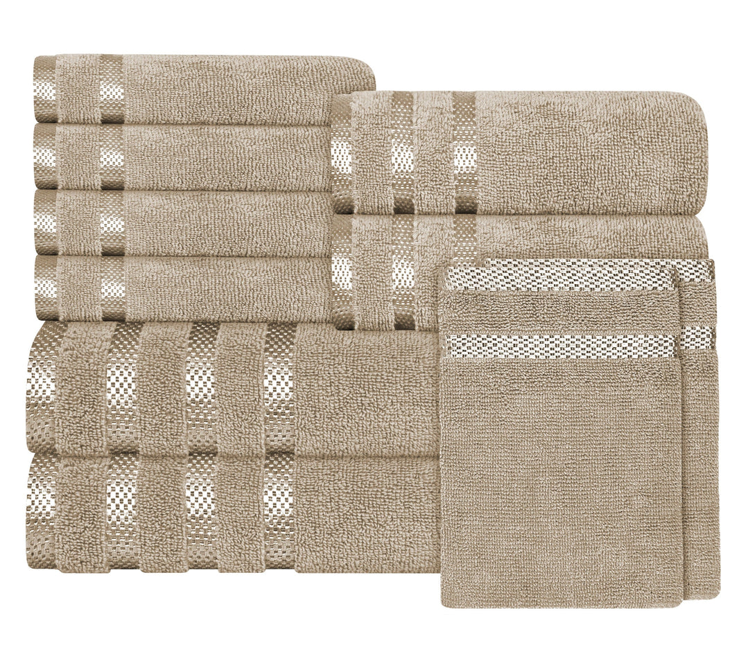 Belmont Viscose Stripe Beige Towels 100% Cotton Hotel Quality Super Absorbent 10 Piece Bale Set, 4 Hand Towel & 12 Face Cloths by OLIVIA ROCCO 10 PK TOWEL BALE / BEIGE Towels