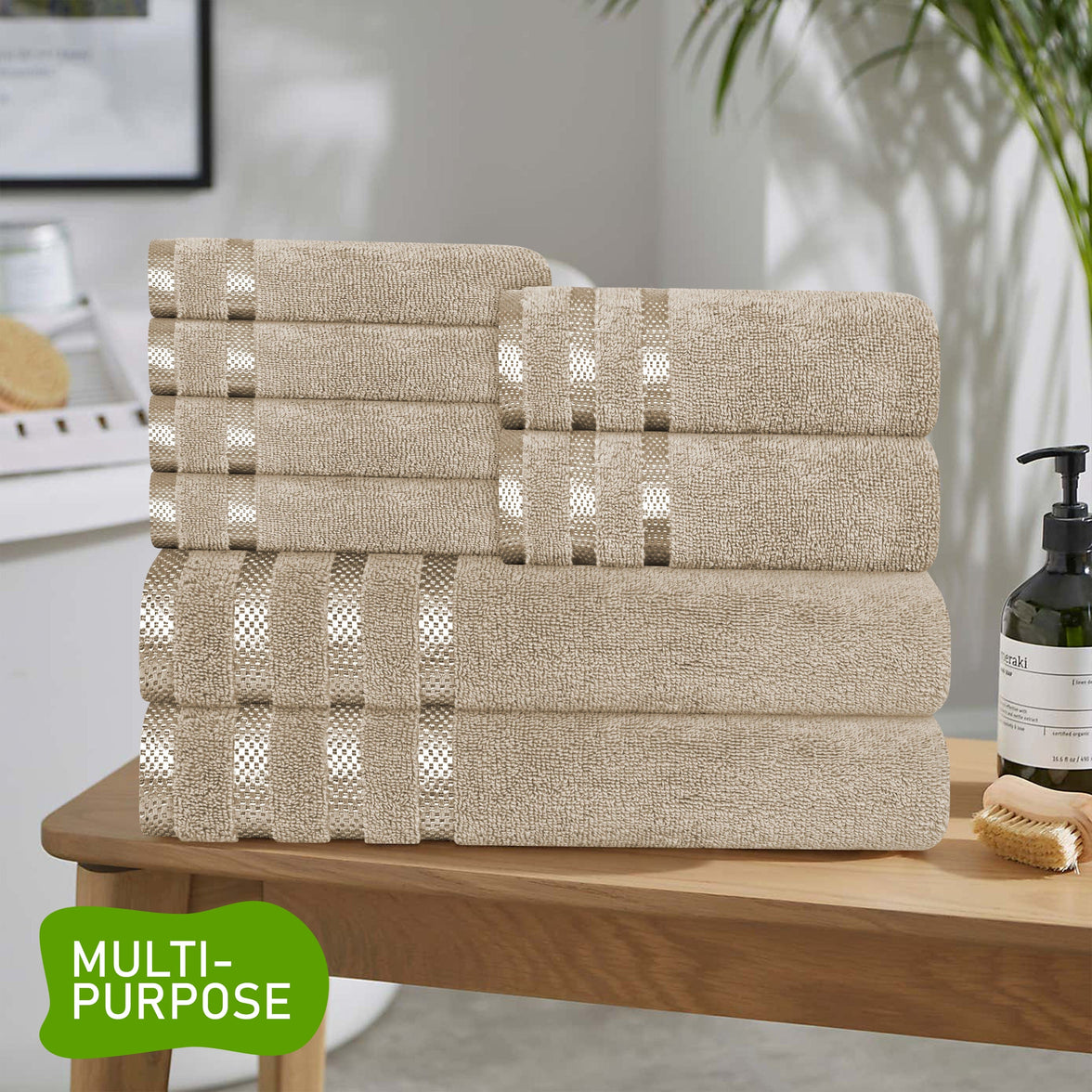 Belmont Viscose Stripe Beige Towels 100% Cotton Hotel Quality Super Absorbent 10 Piece Bale Set, 4 Hand Towel & 12 Face Cloths by OLIVIA ROCCO Towels