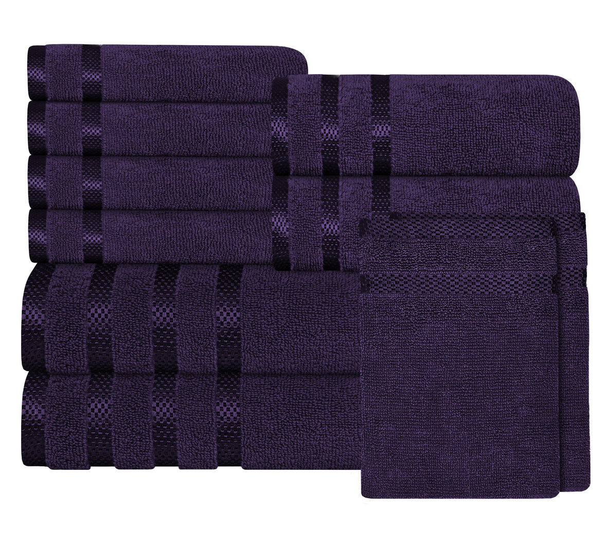 Belmont Viscose Stripe Purple Towels 100% Cotton Hotel Quality Super Absorbent 10 Piece Bale Set, 4 Hand Towel & 12 Face Cloths by OLIVIA ROCCO 10 PK TOWEL BALE / PURPLE Towels