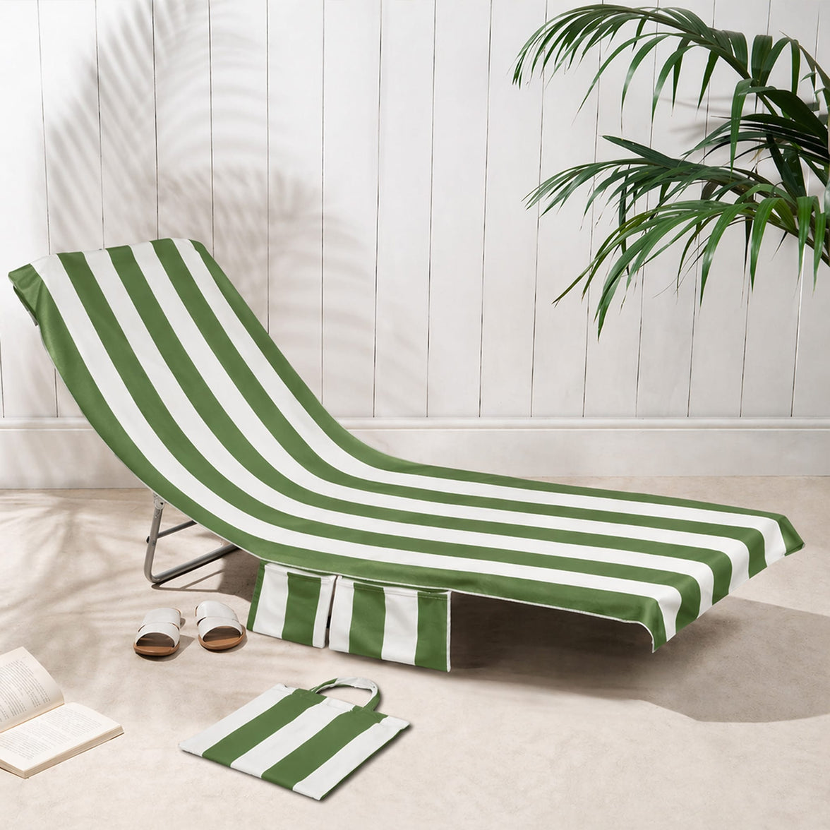 OLIVIA ROCCO Sun Lounger Beach Towels Soft Quick-Dry Sand Free Absorbent Sun Bed Towel with Pockets Lightweight Large Beach in a Bag Holiday STRIPE SAGE Towels