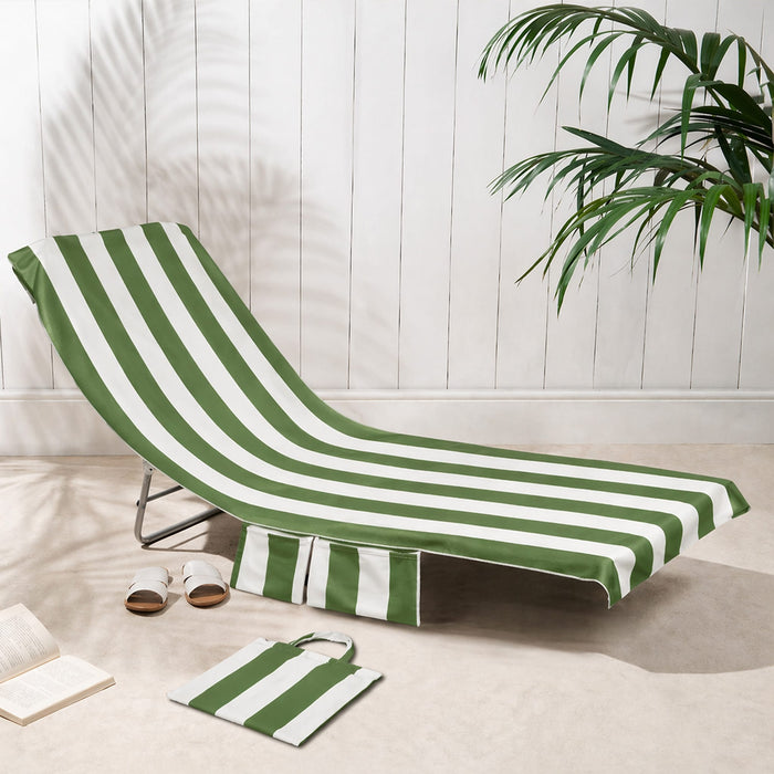 OLIVIA ROCCO Sun Lounger Beach Towels Soft Quick-Dry Sand Free Absorbent Sun Bed Towel with Pockets Lightweight Large Beach in a Bag Holiday STRIPE SAGE Towels