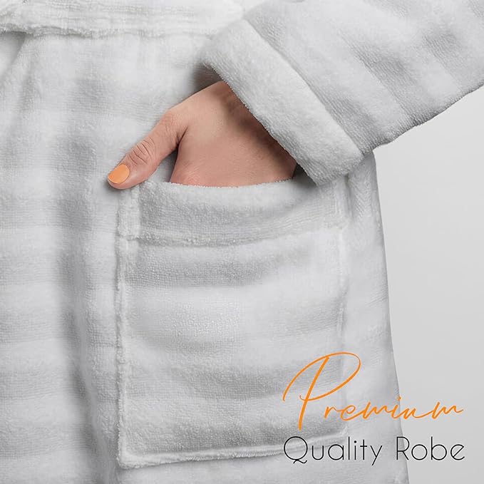 Women's Hydro Ribbed Ultra Soft 100% Cotton Hooded Bath Robes with Pockets and Belt Luxury Terry Towelling Loungewear Sleepwear in White and Grey by OLIVIA ROCCO Towels