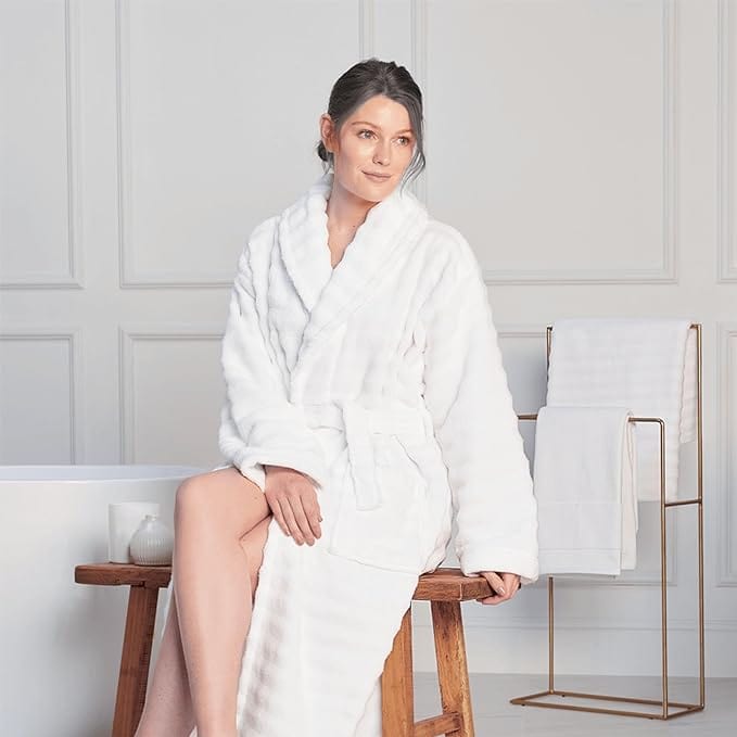 Women's Hydro Ribbed Ultra Soft 100% Cotton Hooded Bath Robes with Pockets and Belt Luxury Terry Towelling Loungewear Sleepwear in White and Grey by OLIVIA ROCCO Towels