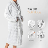 Women's Hydro Ribbed Ultra Soft 100% Cotton Hooded Bath Robes with Pockets and Belt Luxury Terry Towelling Loungewear Sleepwear in White and Grey by OLIVIA ROCCO Towels
