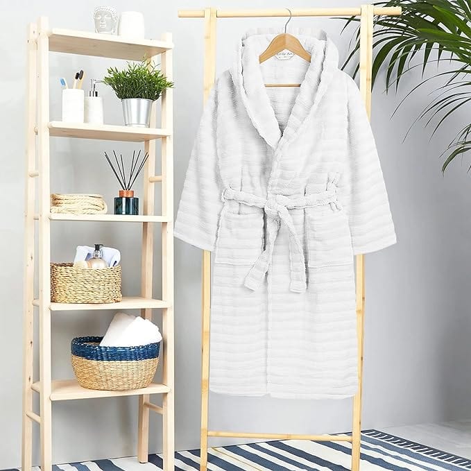 Women's Hydro Ribbed Ultra Soft 100% Cotton Hooded Bath Robes with Pockets and Belt Luxury Terry Towelling Loungewear Sleepwear in White and Grey by OLIVIA ROCCO S - M / WHITE Towels