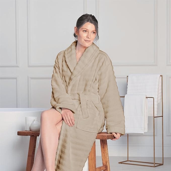 Women's Hydro Ribbed Ultra Soft 100% Cotton Hooded Bath Robes with Pockets and Belt Luxury Terry Towelling Loungewear Sleepwear in White and Grey by OLIVIA ROCCO Towels