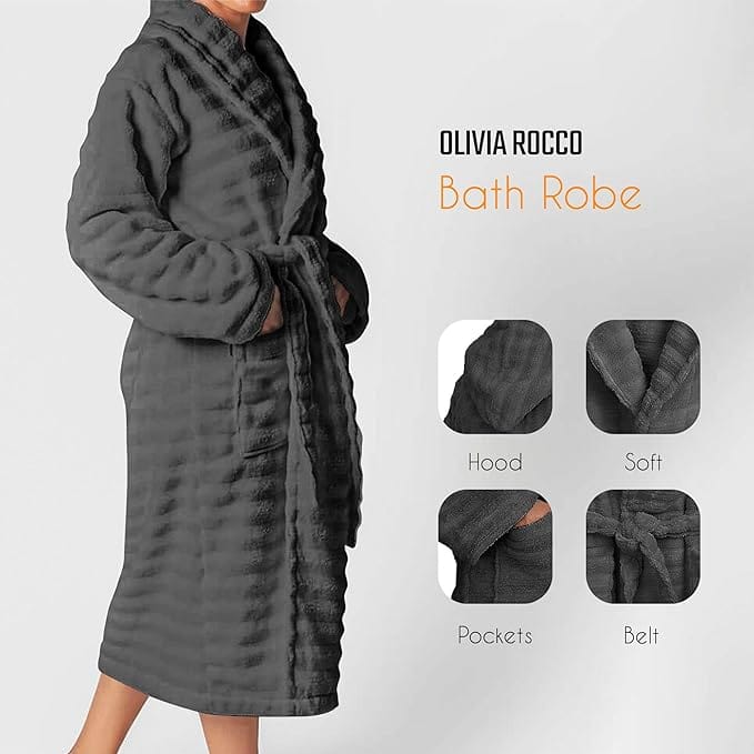 Women's Hydro Ribbed Ultra Soft 100% Cotton Hooded Bath Robes with Pockets and Belt Luxury Terry Towelling Loungewear Sleepwear in White and Grey by OLIVIA ROCCO Towels