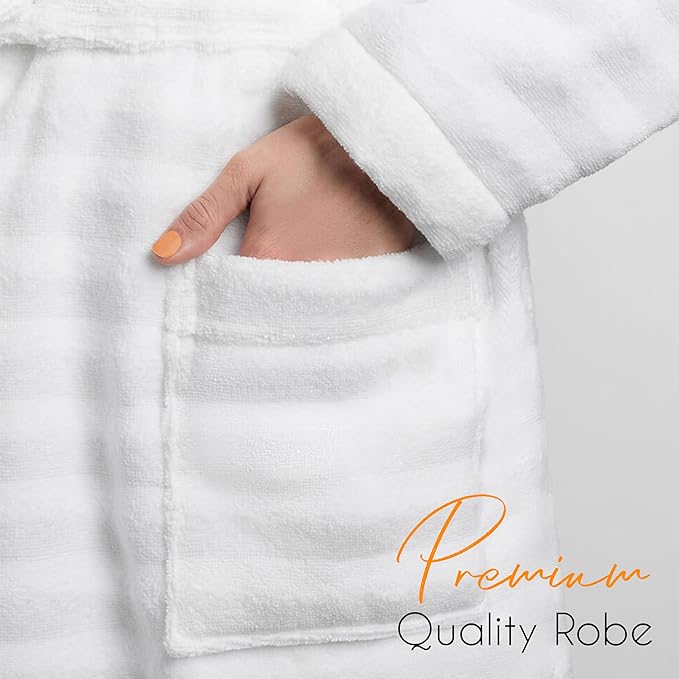 Women's Hydro Ribbed Ultra Soft 100% Cotton Hooded Bath Robes with Pockets and Belt Luxury Terry Towelling Loungewear Sleepwear in White and Grey by OLIVIA ROCCO Towels