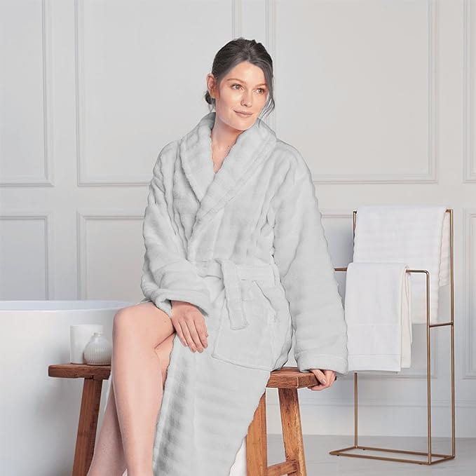 Women's Hydro Ribbed Ultra Soft 100% Cotton Hooded Bath Robes with Pockets and Belt Luxury Terry Towelling Loungewear Sleepwear in White and Grey by OLIVIA ROCCO Towels