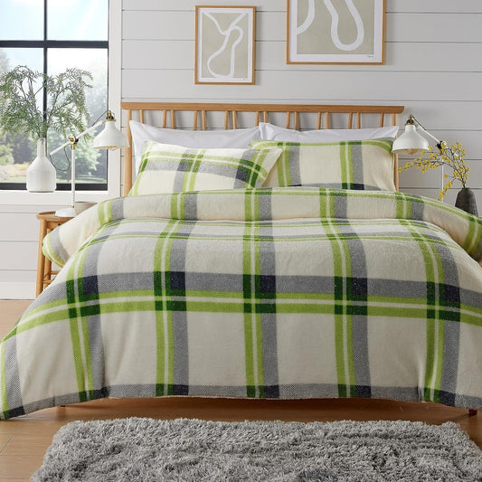 Orkney Check Fleece Duvet Set Grey Green Super Soft Luxurious Bedding Single Double King with Pillowcases Perfect for Winter Nights by OLIVIA ROCCO SINGLE / GREEN Duvet Cover