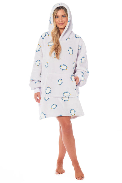 Oversized Penguin Hooded Plush Fleece With Reversible Sherpa Blanket PENGUIN Daisy Dreamer Hooded Blanket