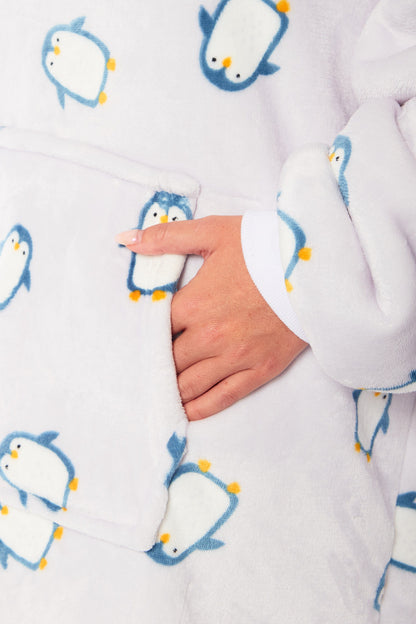 Oversized Penguin Hooded Plush Fleece With Reversible Sherpa Blanket PENGUIN Daisy Dreamer Hooded Blanket