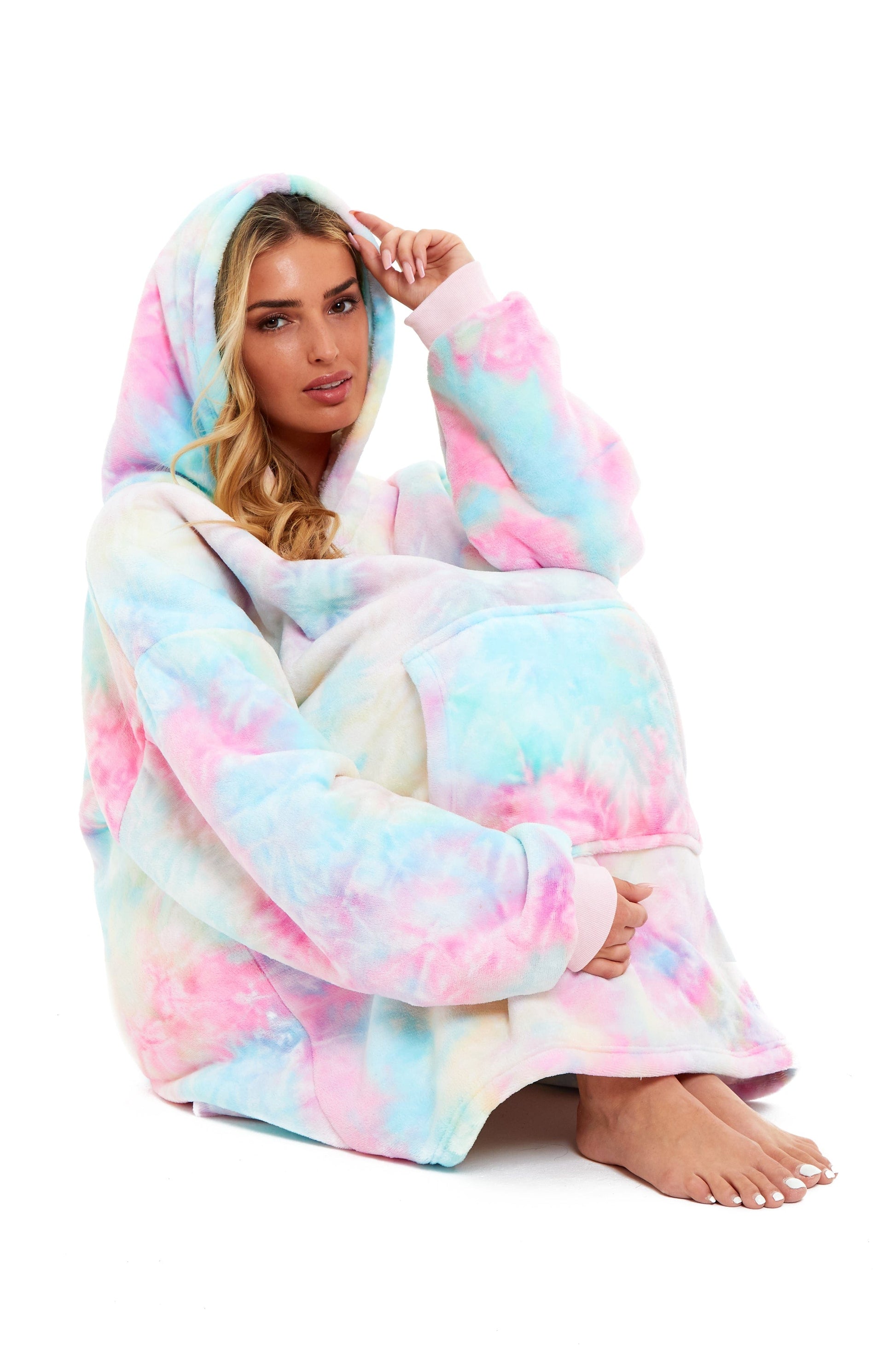 Oversized Tie Dye Rainbow Hooded Plush Fleece Blanket with
