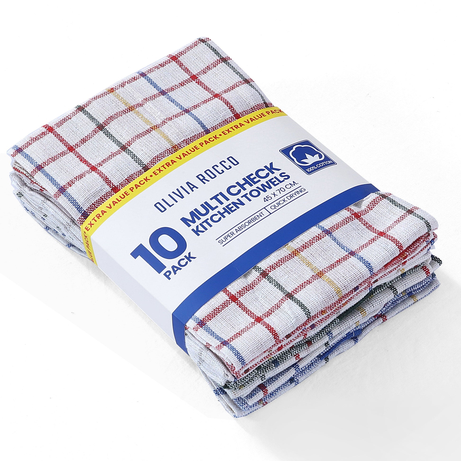 Pack of 10 Wonderdry Tea Towels Kitchen 100% Cotton Super Absorbent Quick Drying Dish Bar Cloth Set  by Olivia Rocco 10 Pack Tea Towel