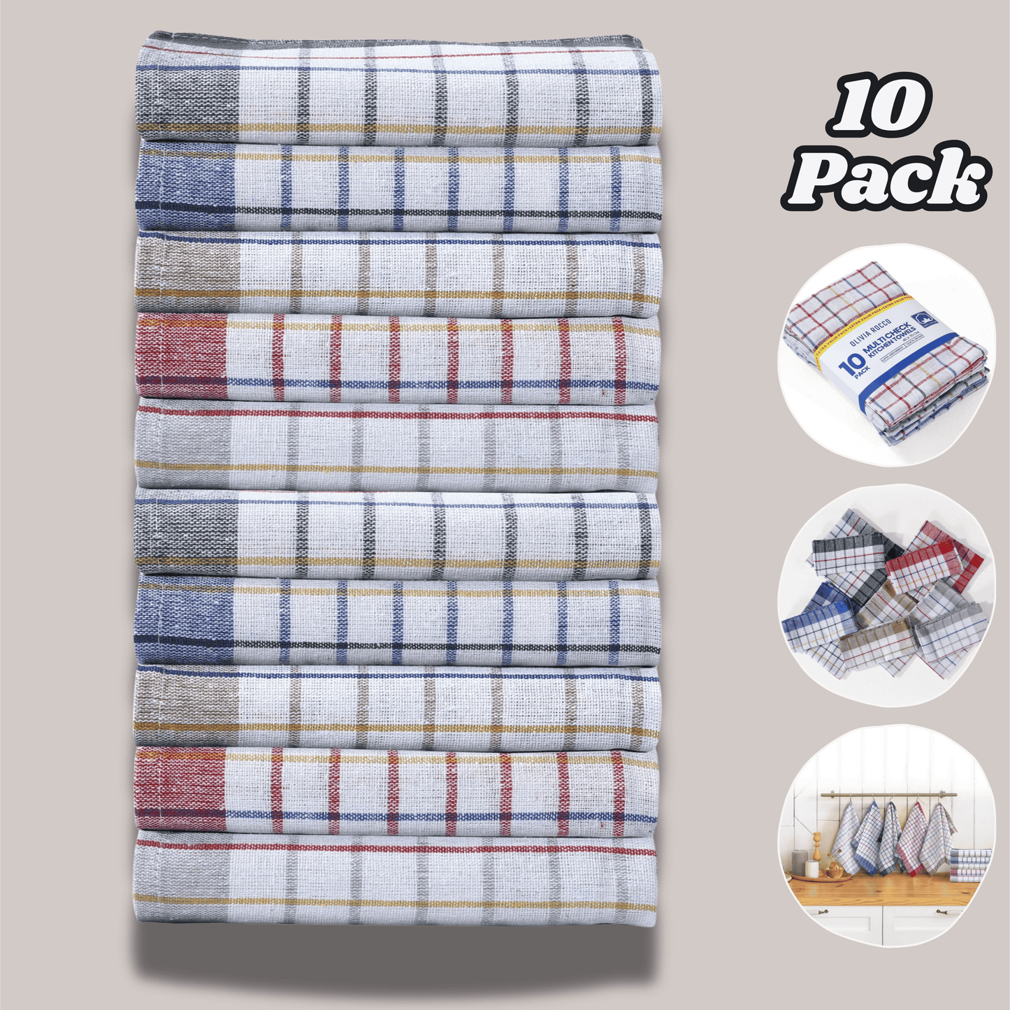 Pack of 10 Wonderdry Tea Towels Kitchen 100% Cotton Super Absorbent Quick Drying Dish Bar Cloth Set by OLIVIA ROCCO 10 PACK Tea Towel