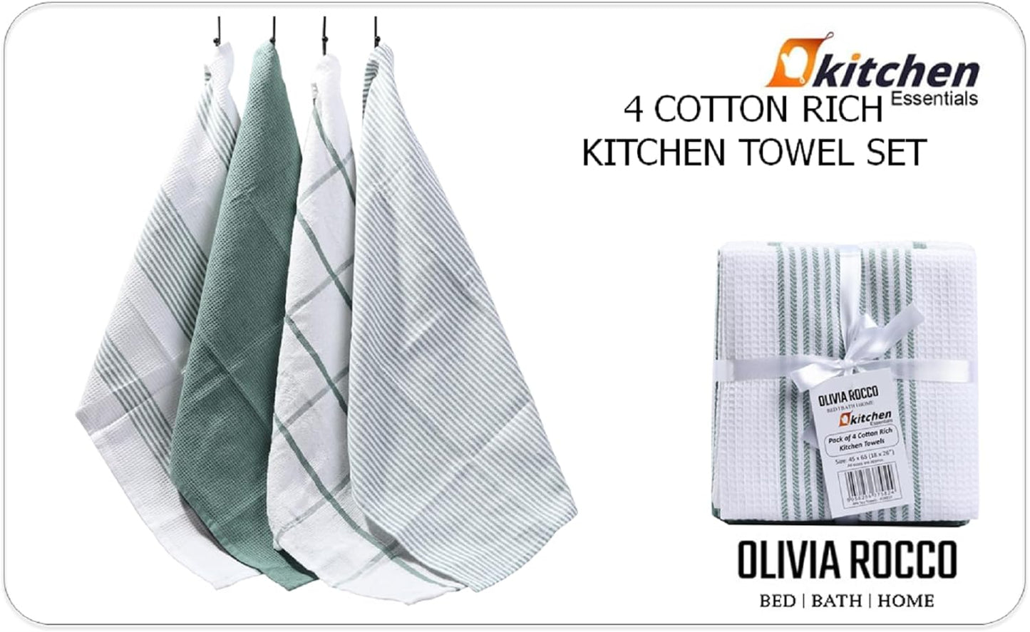 Pack of 4 Green Cotton Tea Towels for Drying Dishes and Cleaning Spills High Absorbency and Durability 65x45 cm by OLIVIA ROCCO Tea Towel