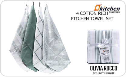 Pack of 4 Green Cotton Tea Towels for Drying Dishes and Cleaning Spills High Absorbency and Durability 65x45 cm by OLIVIA ROCCO Tea Towel