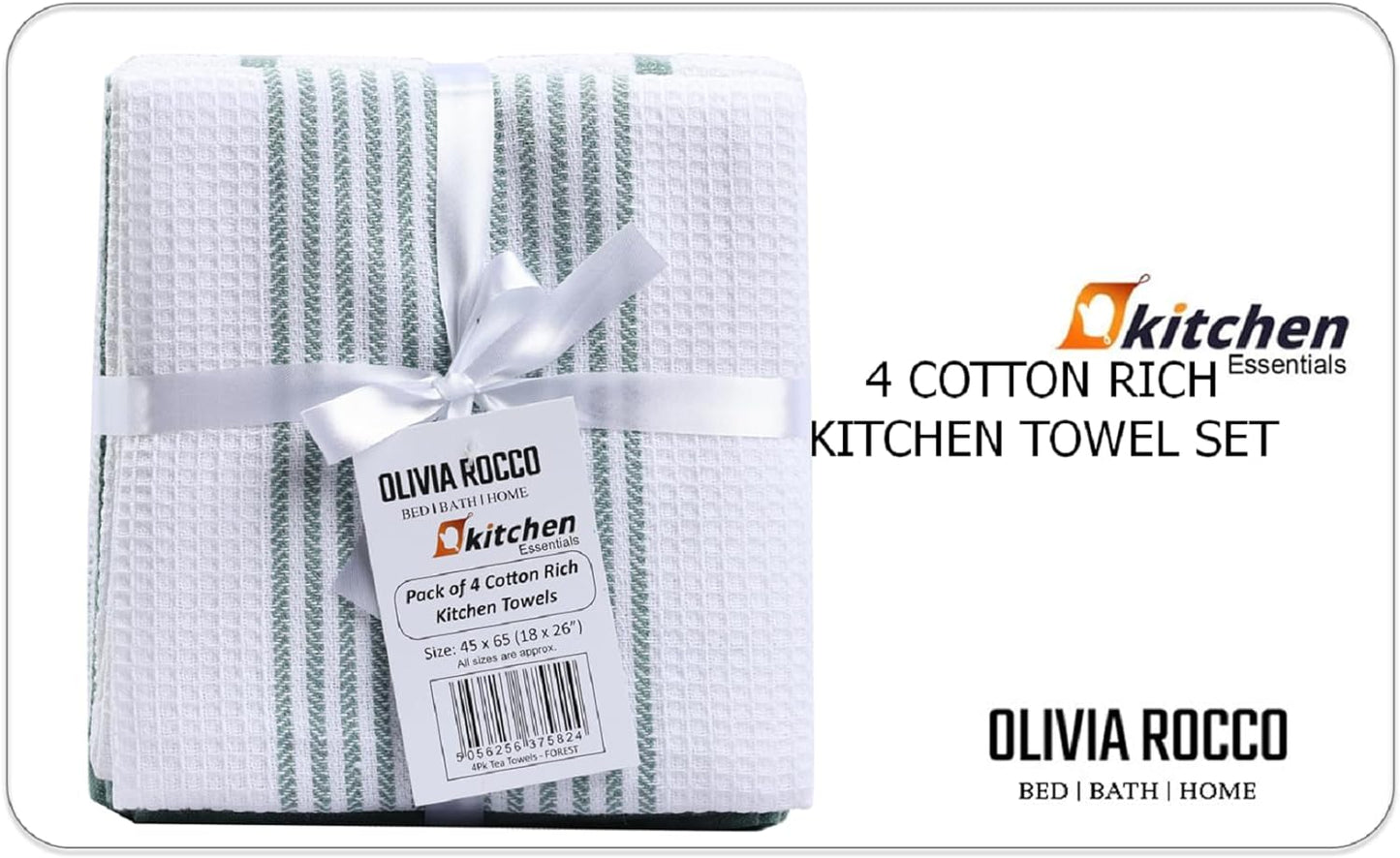 Pack of 4 Green Cotton Tea Towels for Drying Dishes and Cleaning Spills High Absorbency and Durability 65x45 cm by OLIVIA ROCCO Tea Towel