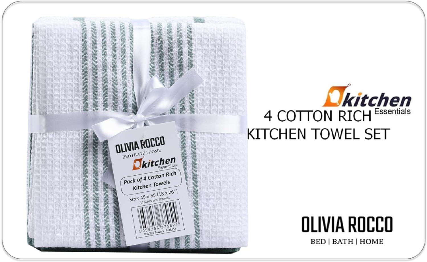 Pack of 4 Green Cotton Tea Towels for Drying Dishes and Cleaning Spills High Absorbency and Durability 65x45 cm by OLIVIA ROCCO Tea Towel